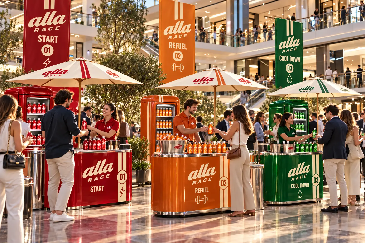 ALLA RACE: Atrium de mall · stand de degustare