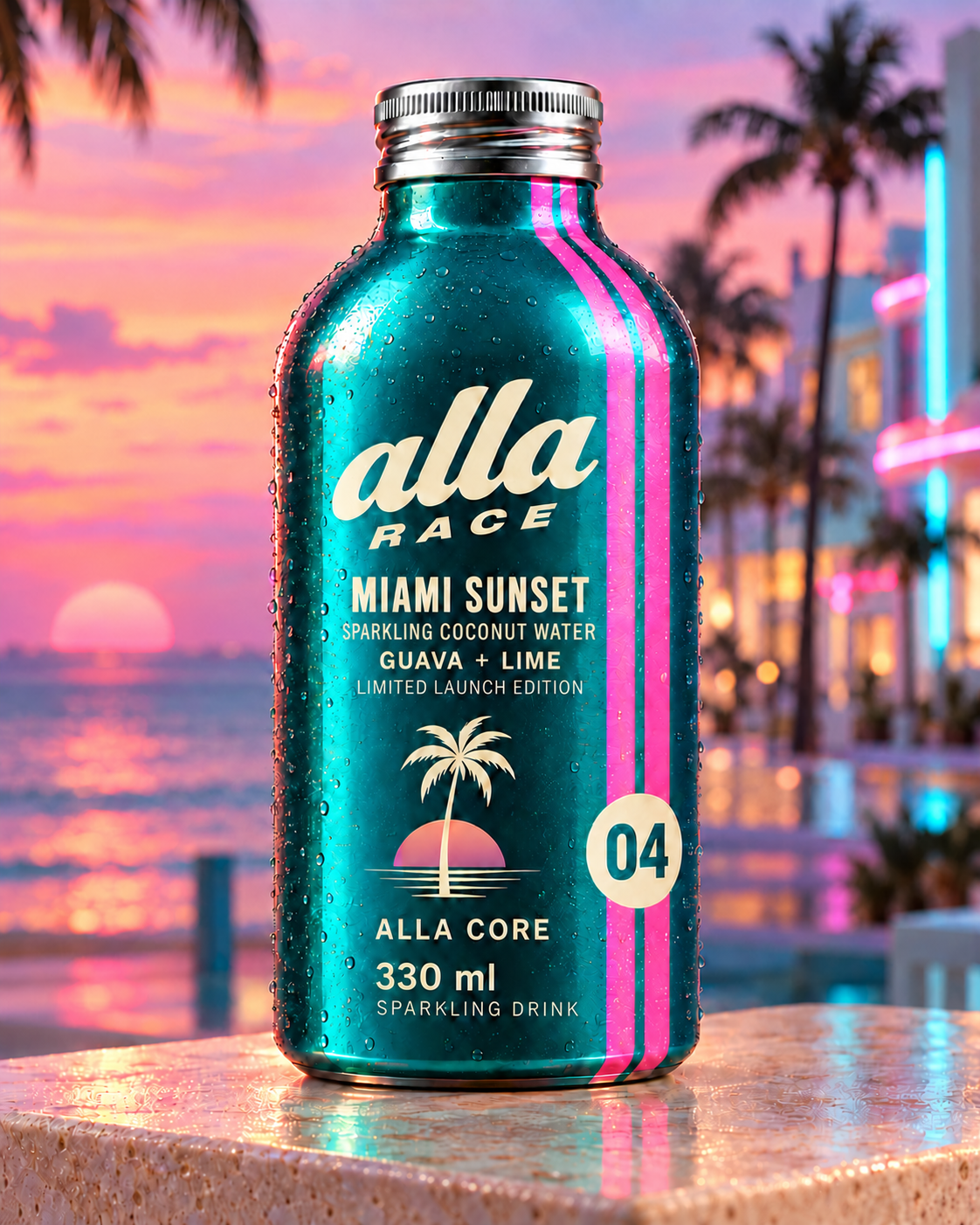 ALLA RACE 04 Limited Launch Edition — sticlă turcoaz glossy cu dungi roz, pe fundal Miami la apus